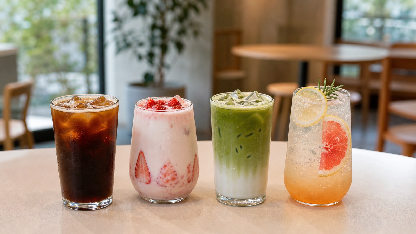 Korean cafe drinks including iced Americano, strawberry latte, matcha latte, and fruit ade
