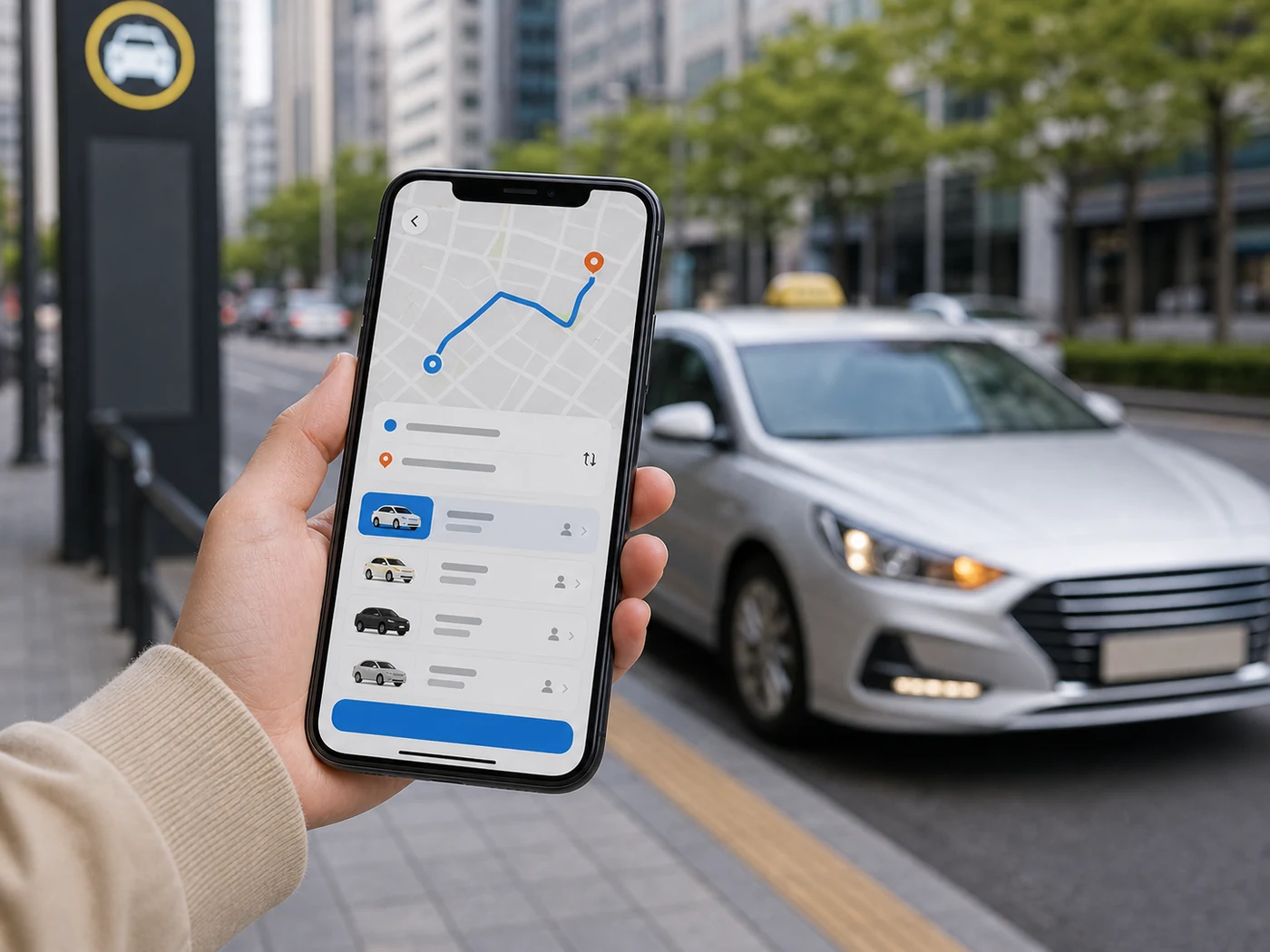 Traveler using a generic taxi app on a smartphone with a taxi waiting on a Korean city street.