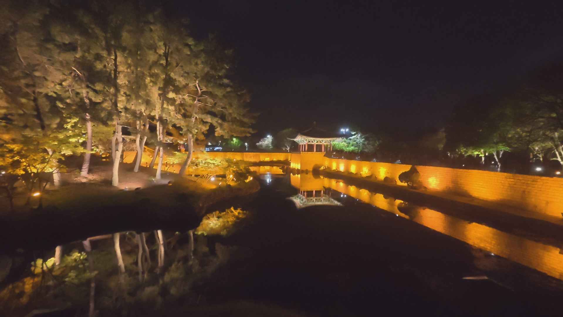 Night scenery around Donggung Palace and Wolji Pond with illuminated trees and water reflections