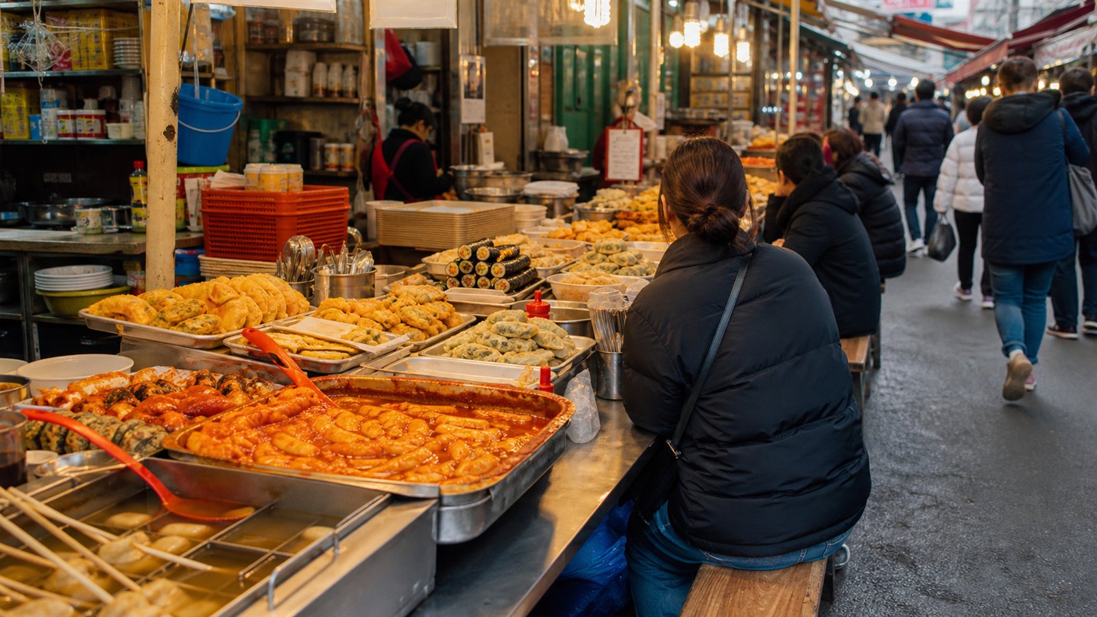 Korean local market food stall with tteokbokki, fried snacks, gimbap, and mandu