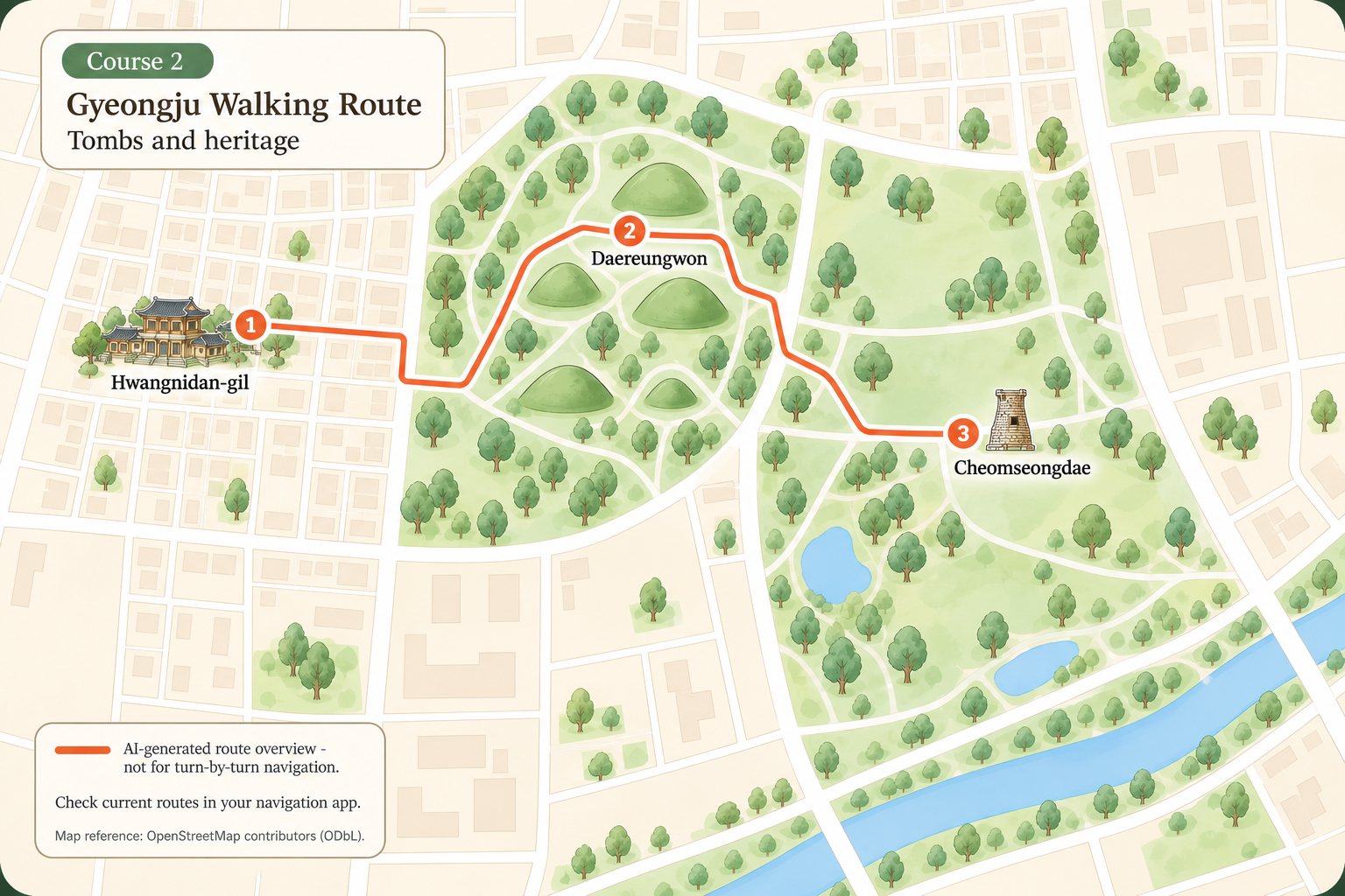 AI-generated illustrated overview of Gyeongju walking course 2; not a navigation map.