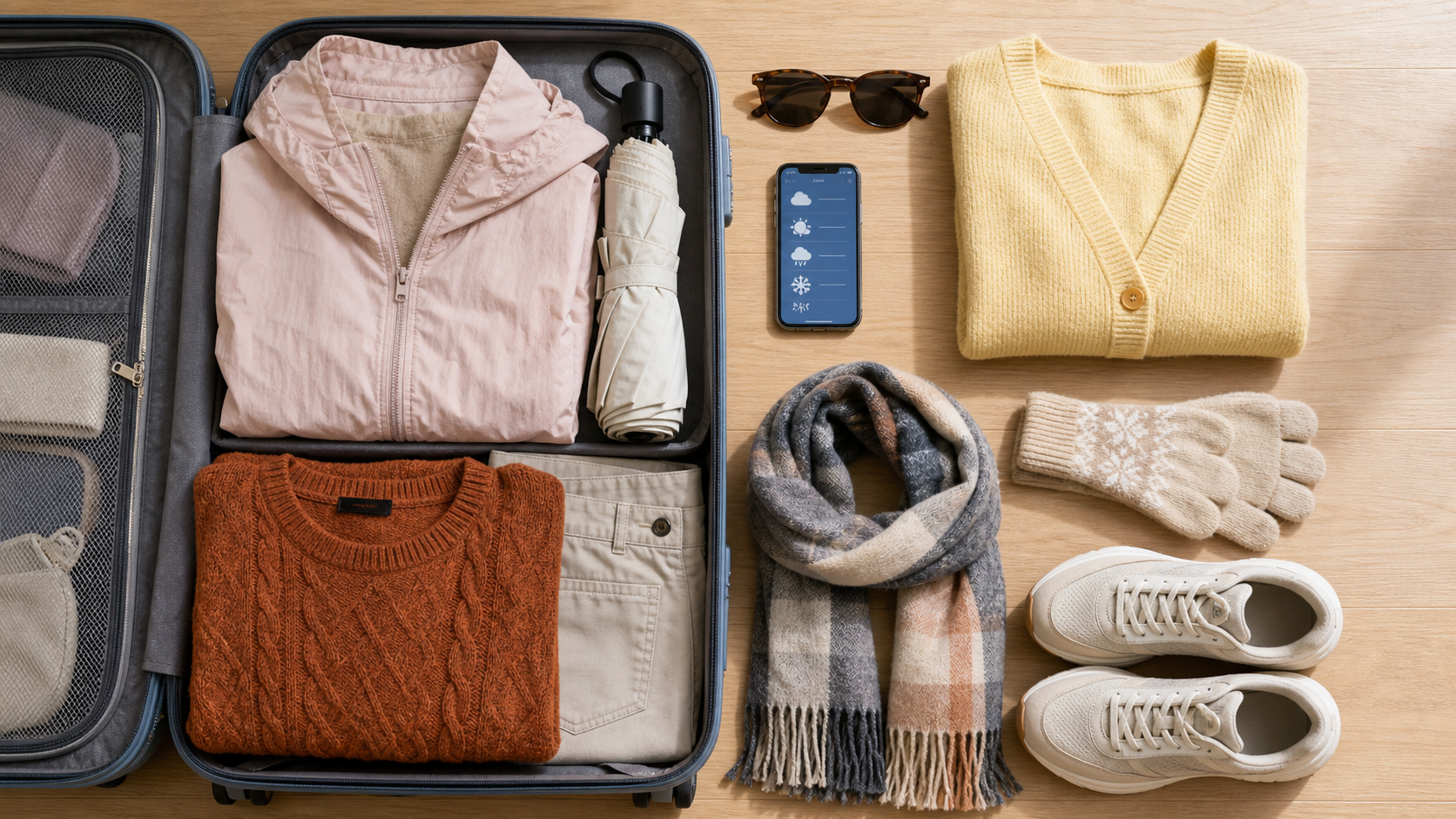 Suitcase packed with clothing and travel items for Korea's four seasons.