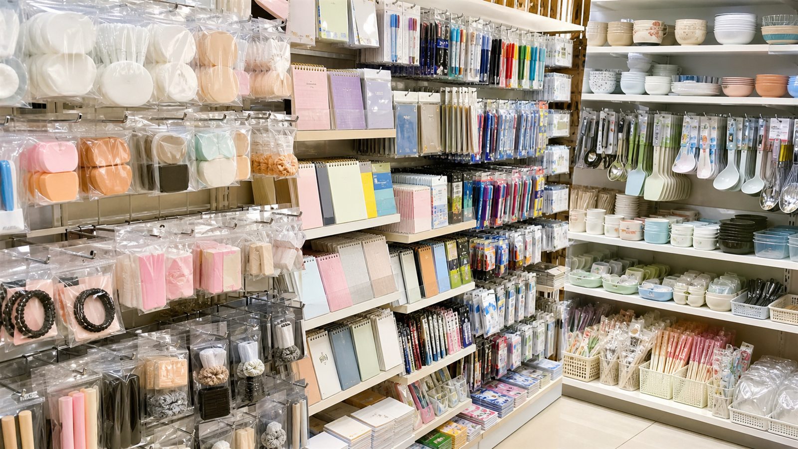 Beauty tools, stationery, and small kitchen goods displayed in a Korean variety store