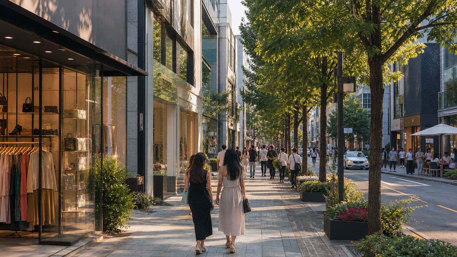 Stylish shopping street atmosphere inspired by Apgujeong and Sinsa in Seoul