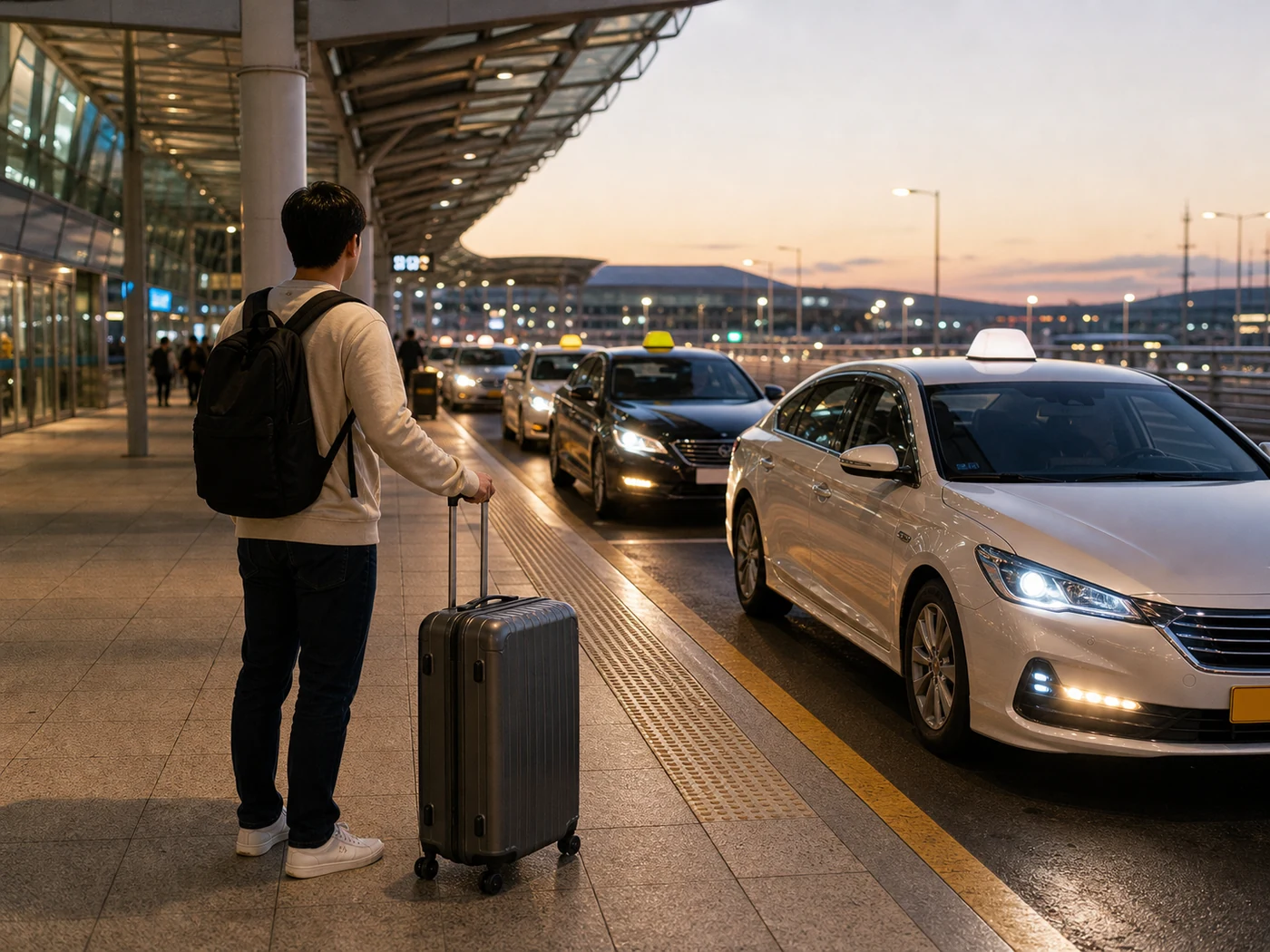 Traveler with luggage waiting near taxis outside a modern airport terminal in Korea.