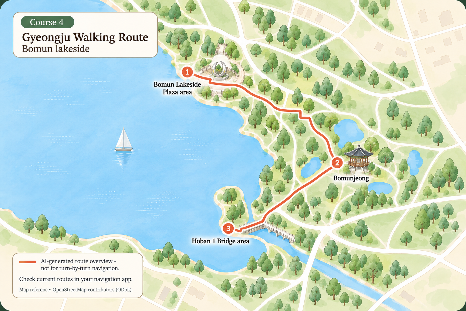 AI-generated illustrated overview of Gyeongju walking course 4; not a navigation map.