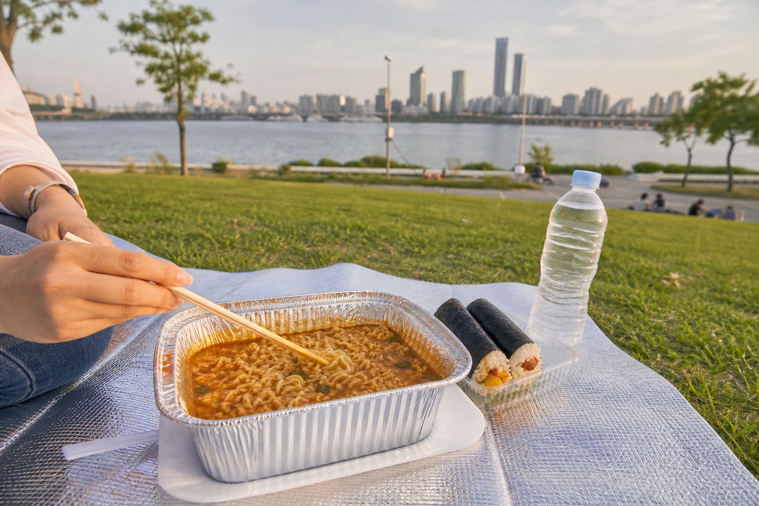 Korean instant ramyeon in an aluminum cooking bowl on a picnic mat beside the Han River