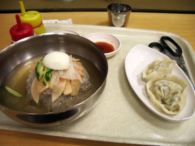 Mul naengmyeon served with mandu dumplings