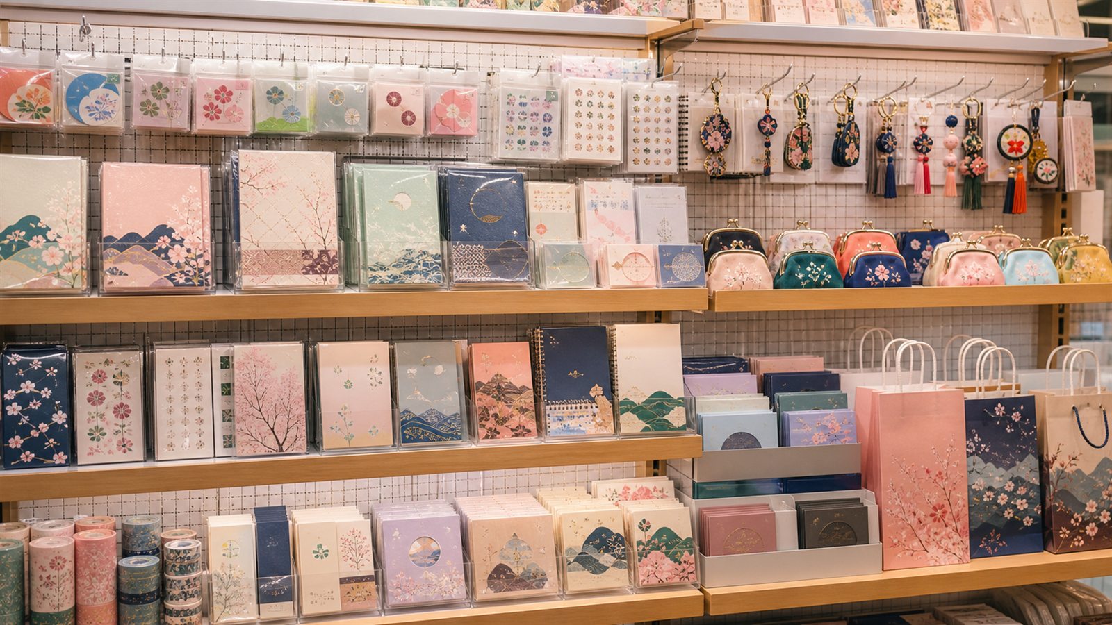 Korean-style stationery, small pouches, gift bags, and light souvenir items on store shelves