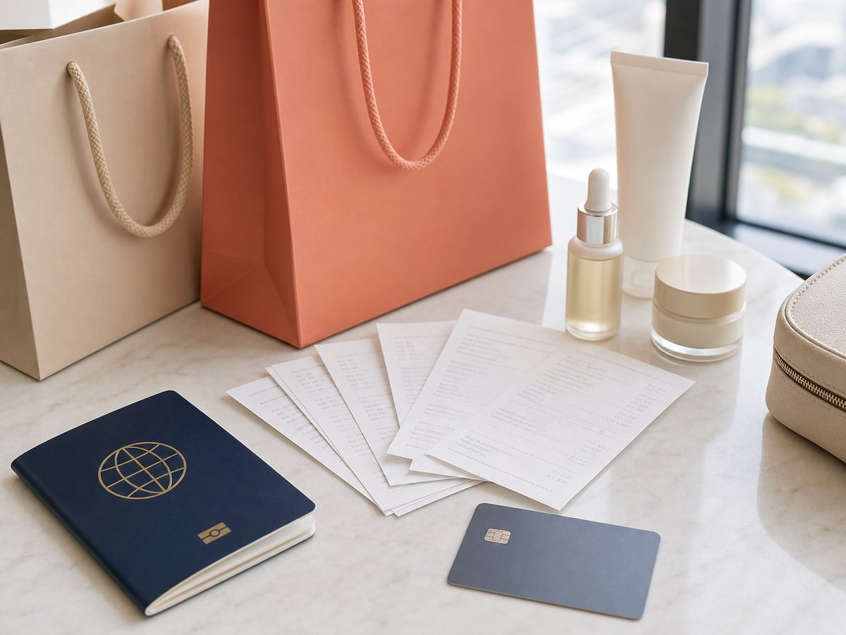 Shopping receipts, passport, payment card, shopping bags, and small skincare items prepared for tax refund