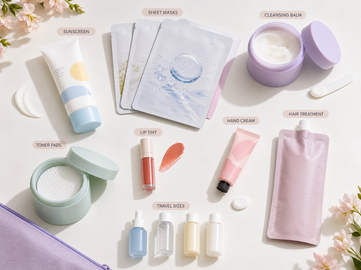 Generic K-beauty products arranged by category, including sunscreen, sheet masks, lip tint, hand cream, and travel sizes