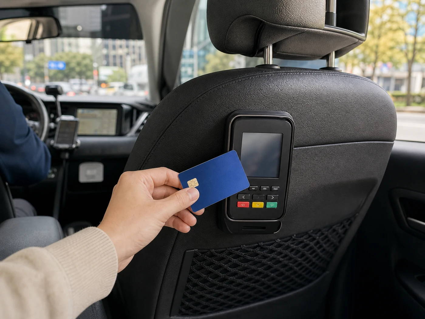 Traveler holding a card near a taxi payment terminal inside a taxi in Korea.