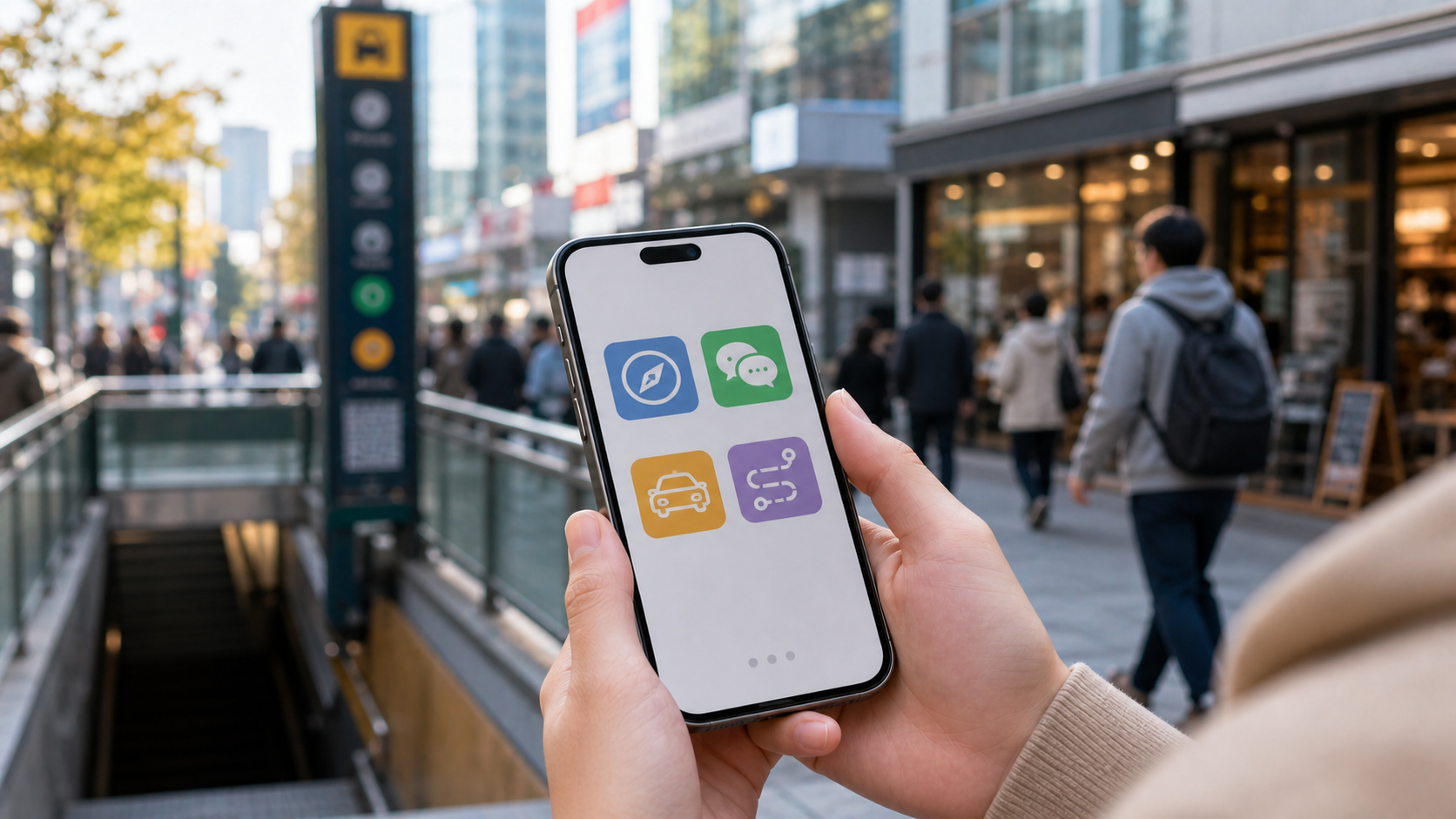Traveler using a smartphone for map, translation, taxi, and travel apps on a Seoul street.