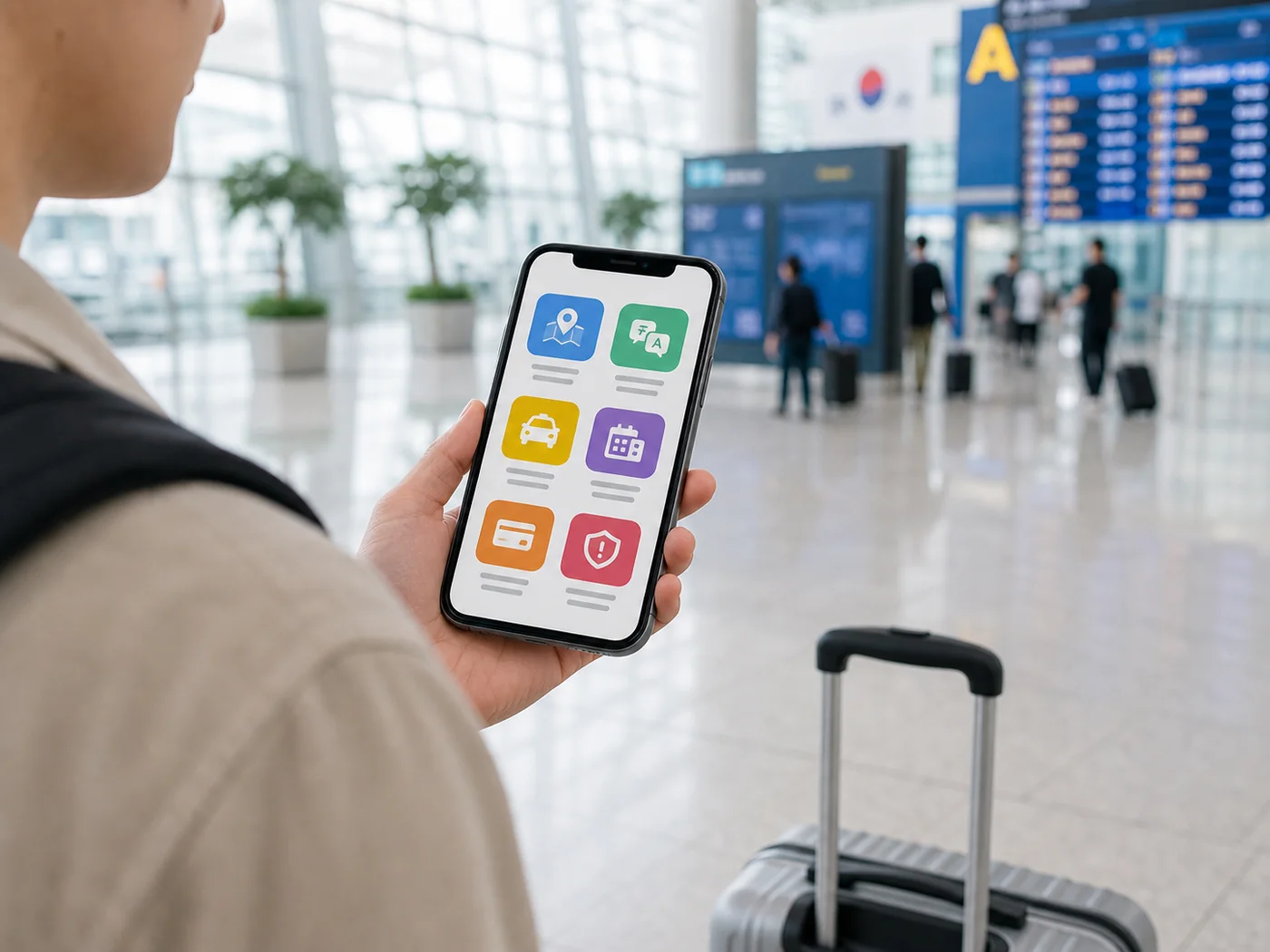 Traveler checking generic travel apps on a smartphone at an airport in Korea.