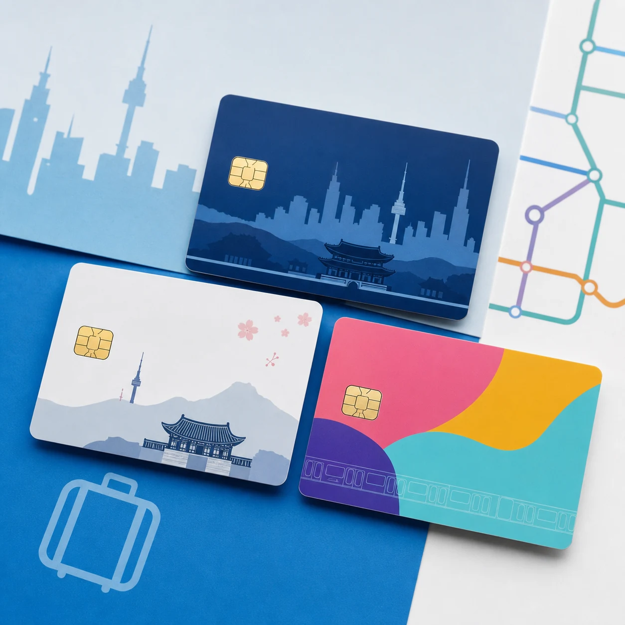 Generic Korean transit cards with subway and Seoul travel motifs on a blue and white background.