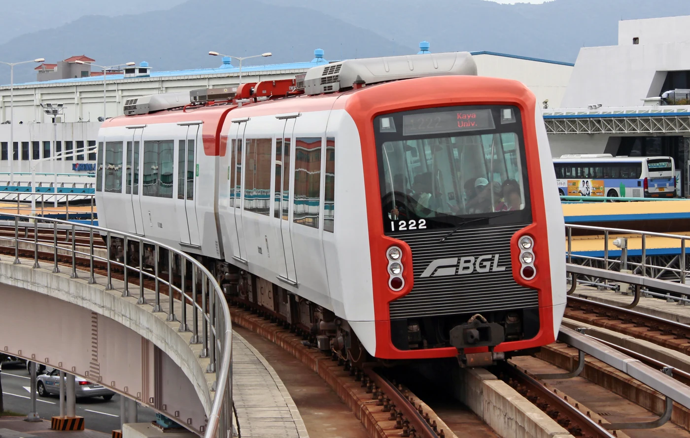 Busan-Gimhae Light Rail Transit train at Gimhae International Airport Station.