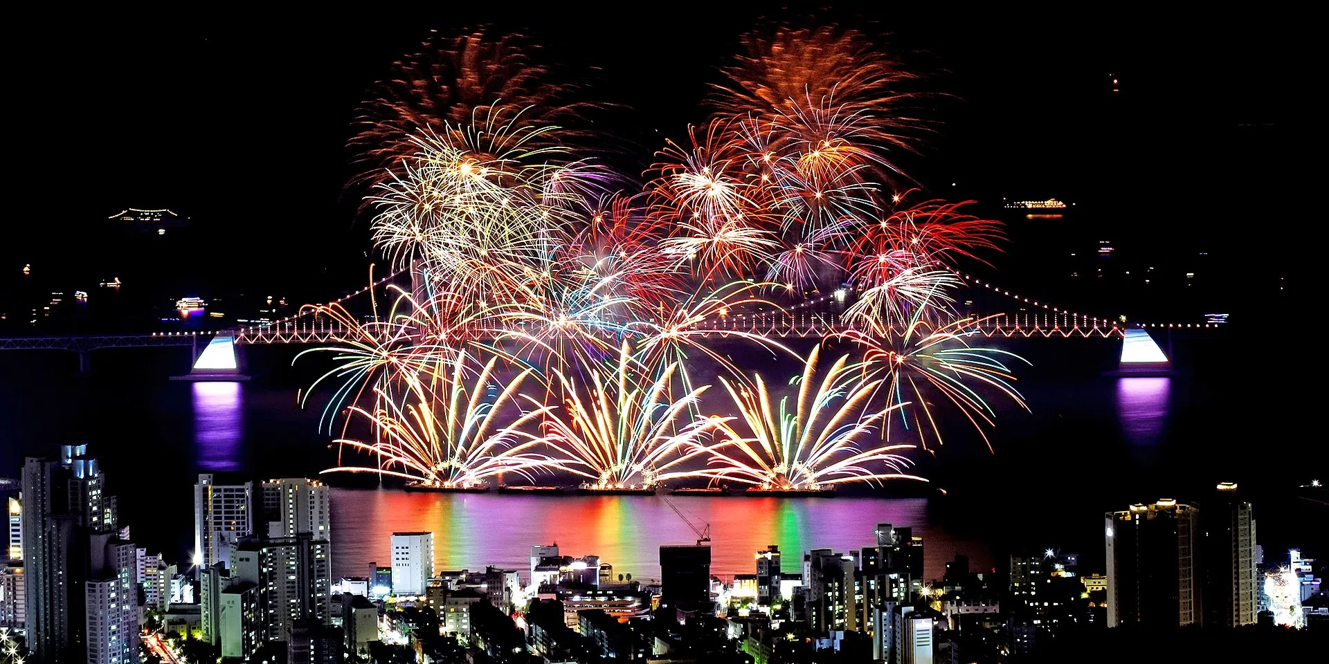 Busan Fireworks Festival over Gwangalli Beach and Gwangan Bridge