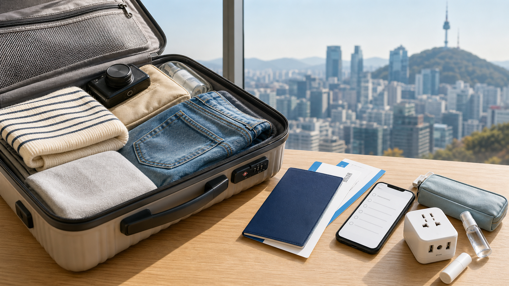Carry-on suitcase, passport cover, smartphone, and travel essentials prepared for a Korea trip.