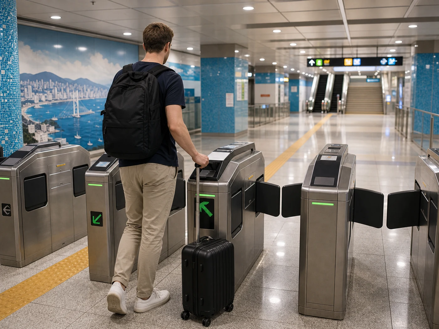 Traveler with a suitcase entering a modern subway station through ticket gates in Busan.