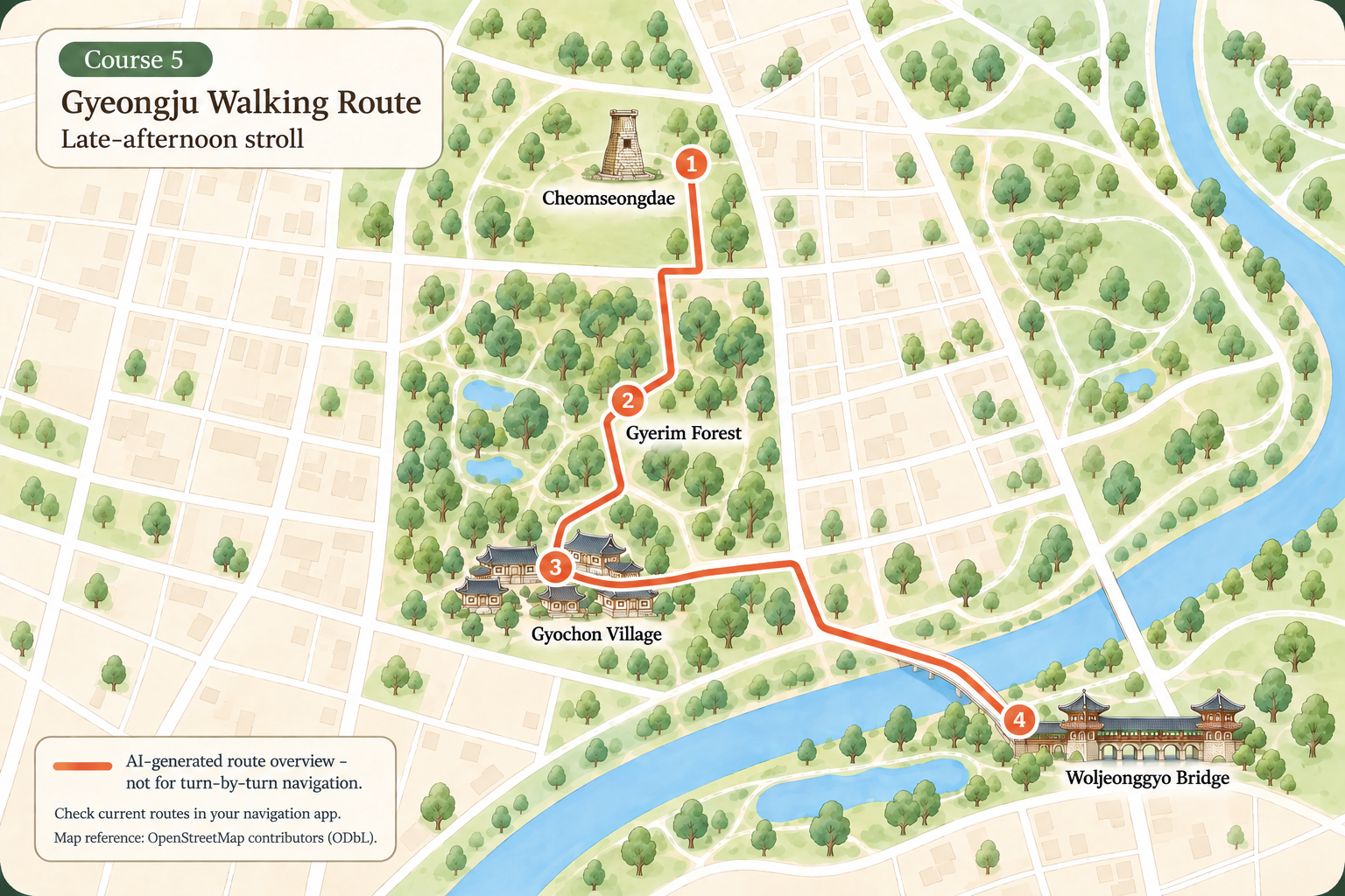 AI-generated illustrated overview of Gyeongju walking course 5; not a navigation map.