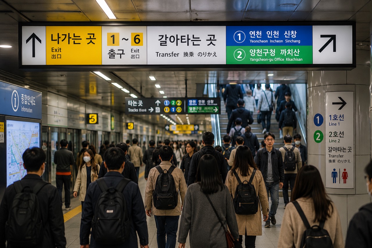 Travelers walking beneath multilingual signs inside a Seoul subway station