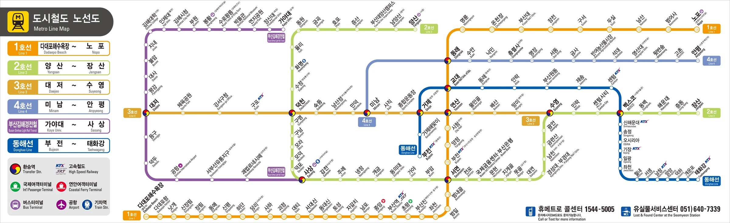 Official Busan metro line map showing subway lines and transfer stations.
