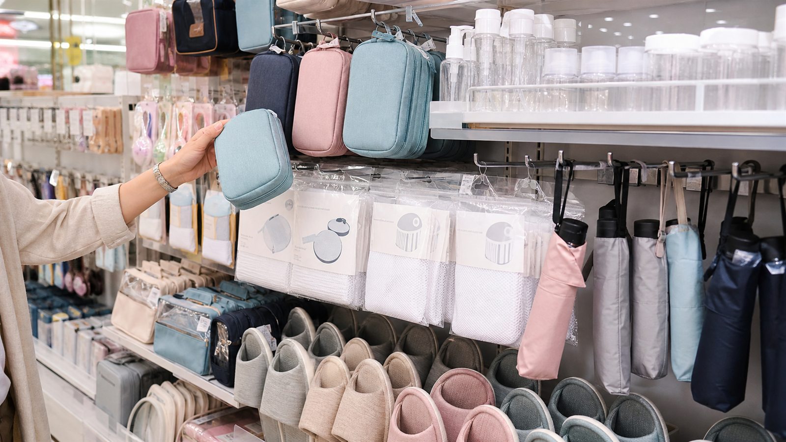Travel pouches, bottles, laundry nets, umbrellas, and slippers displayed on store shelves