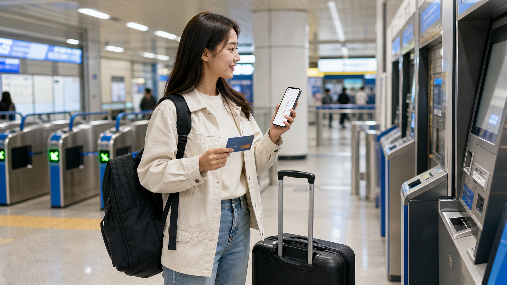 Traveler with luggage holding a transit card and phone in a Korean station setting.
