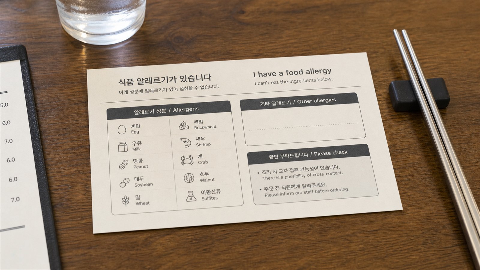 Bilingual food allergy card on a Korean restaurant table