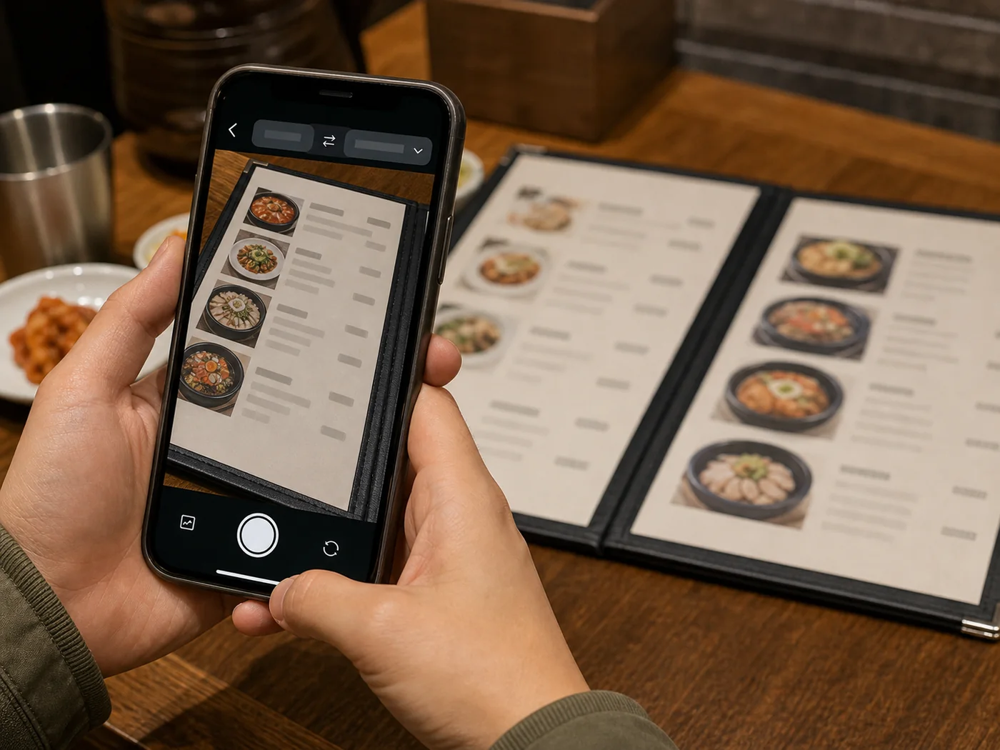 Traveler using a generic translation app to understand a restaurant menu in Korea.