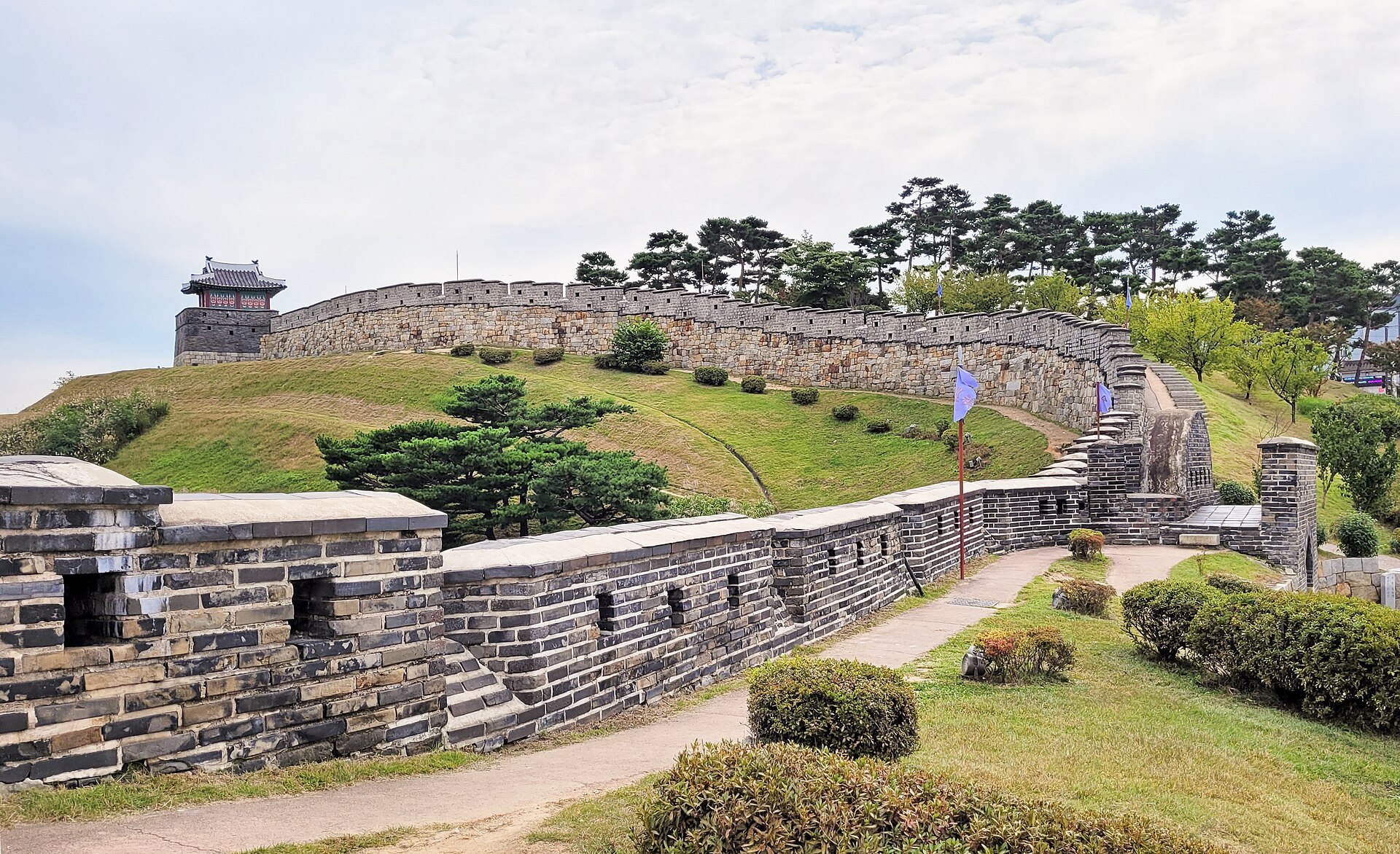 Suwon Hwaseong Fortress wall overlooking the city of Suwon