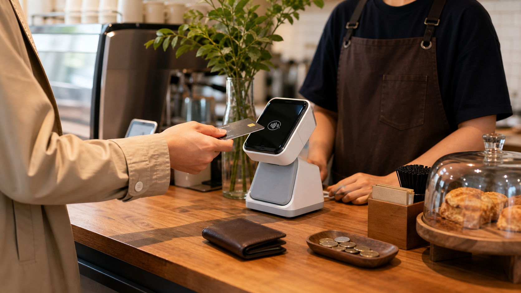 Traveler paying by card at a cafe counter in Korea.