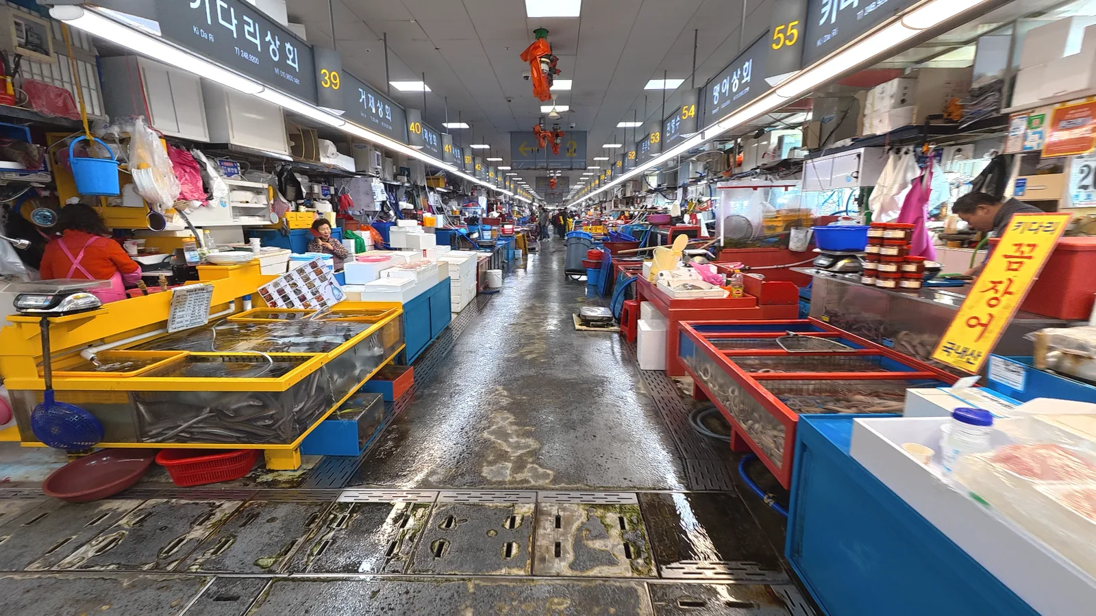 Inside Jagalchi Market in Busan, with seafood tanks and market stalls lining a wet indoor walkway.