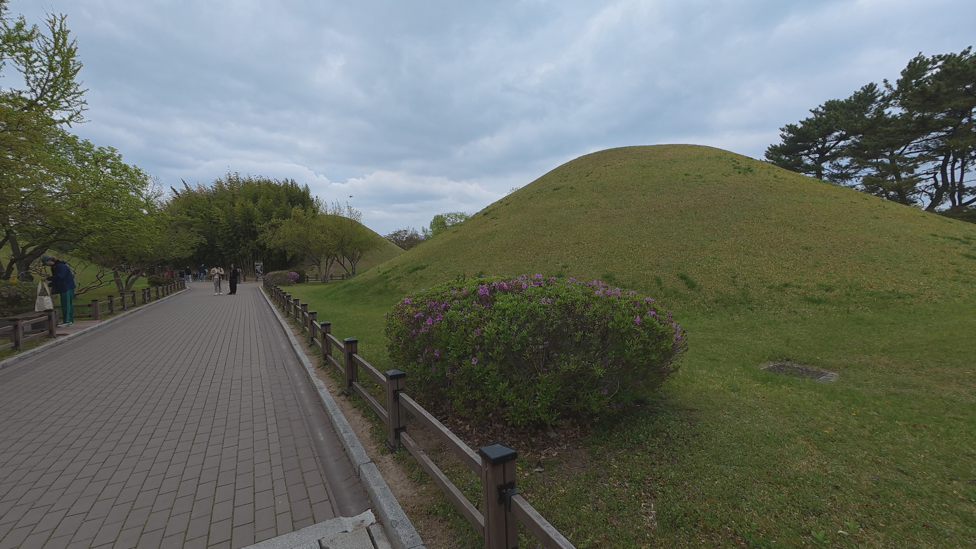Walking path beside royal tomb mounds in central Gyeongju