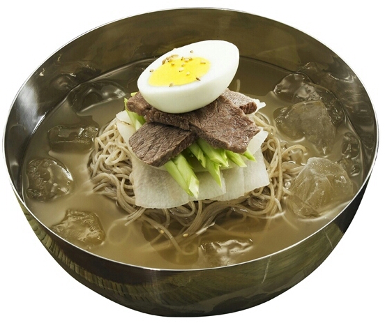 Mul naengmyeon with buckwheat noodles, egg, pear, and cold broth