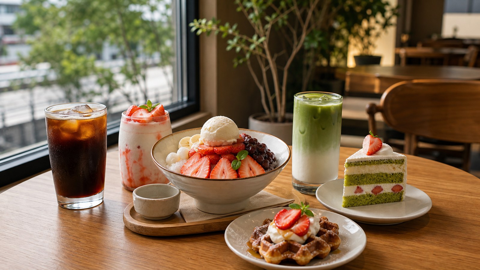 Korean cafe table with iced coffee, strawberry latte, matcha latte, bingsu, cake, and croffle