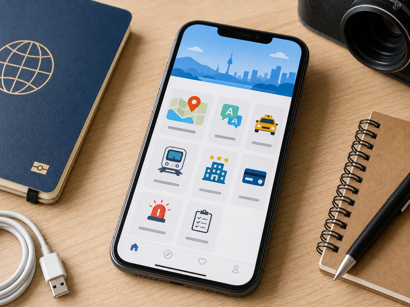 Smartphone showing generic travel app categories for maps, translation, taxi, bookings, payment, and safety.
