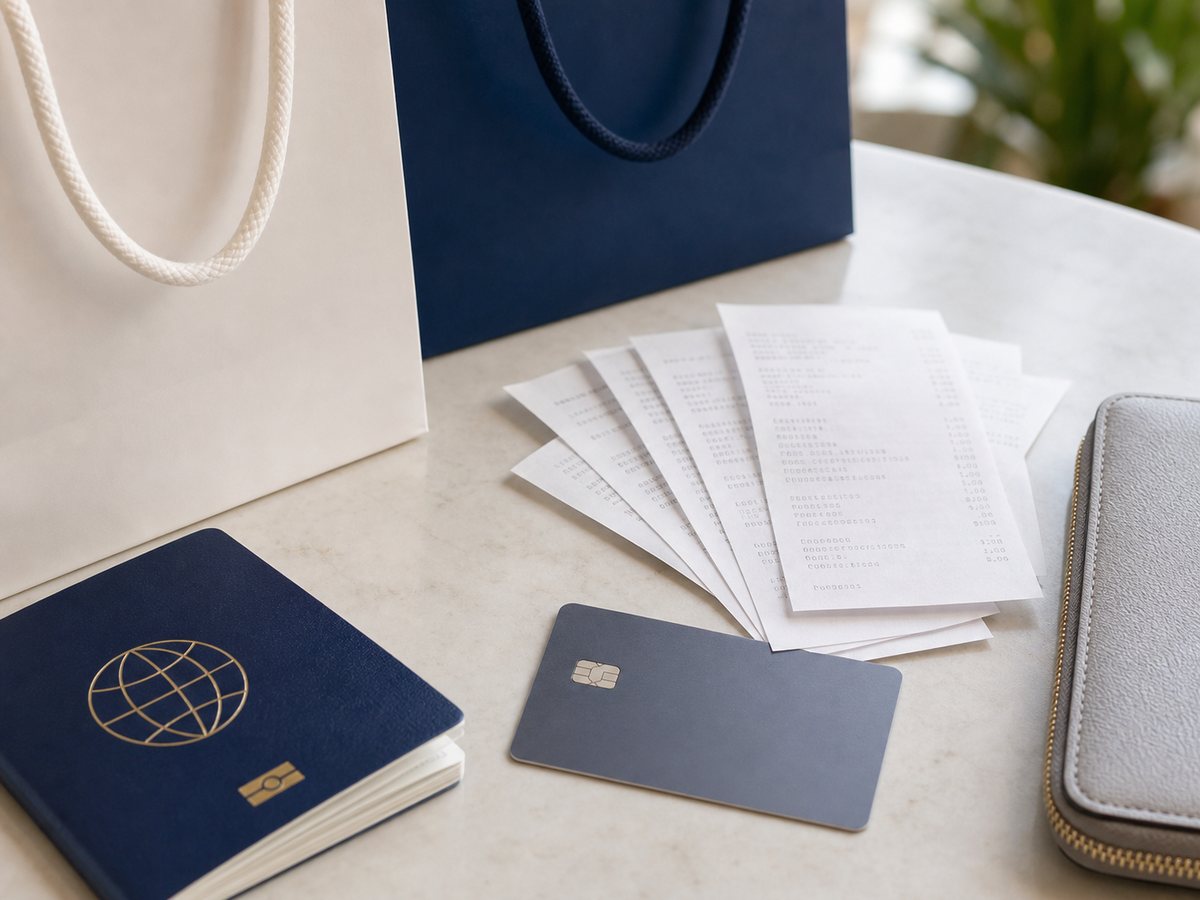 Shopping receipts, passport, payment card, and shopping bags prepared for tax refund