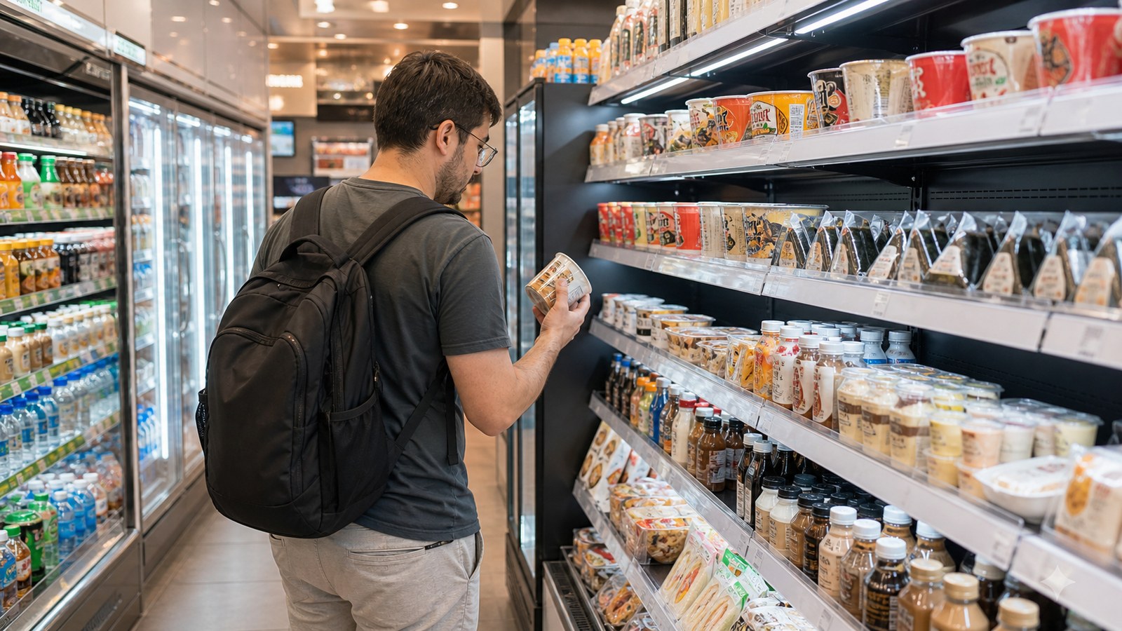 Traveler choosing packaged food and drinks inside a Korean convenience store