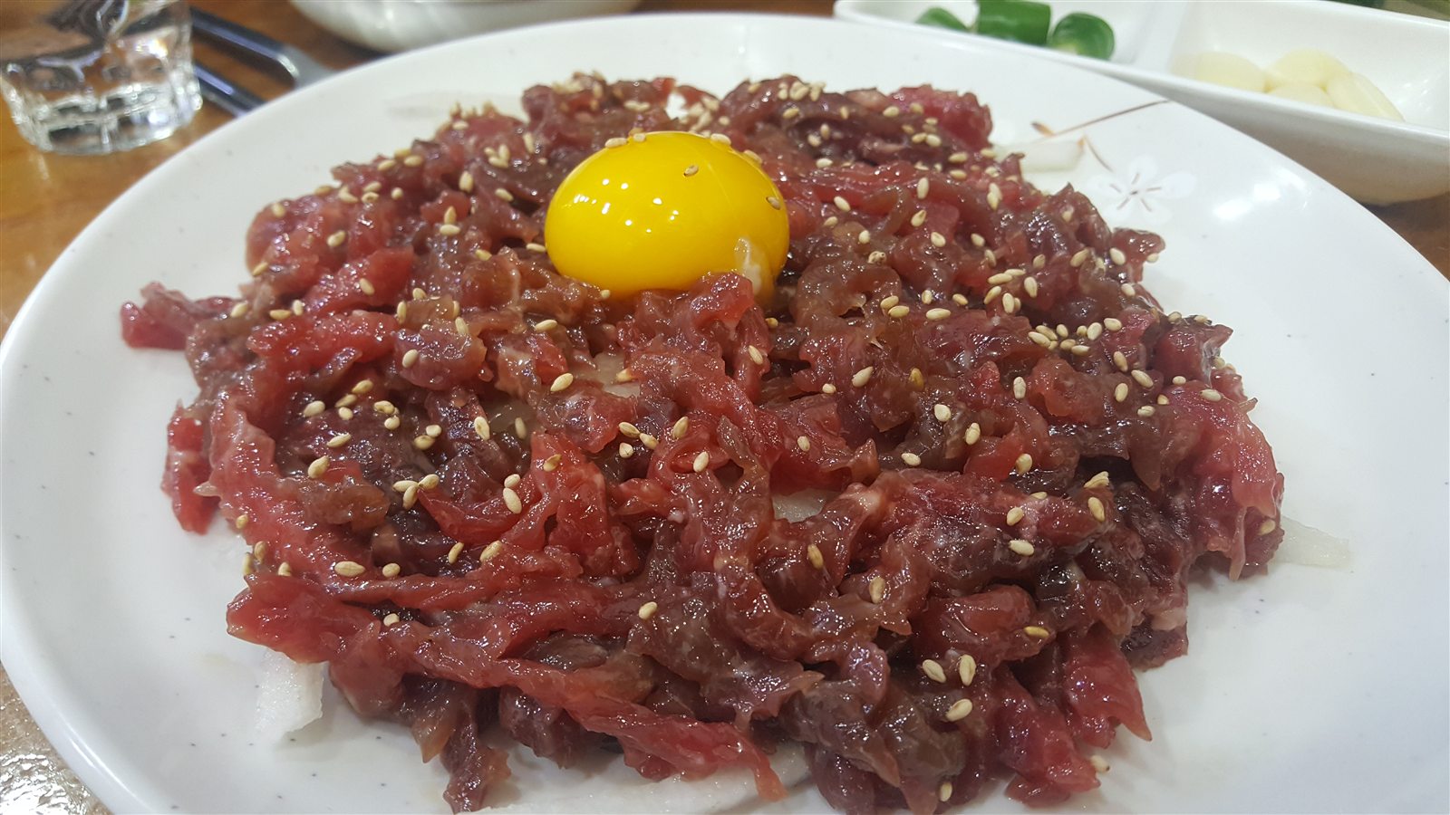 Yukhoe raw beef dish served at Gwangjang Market
