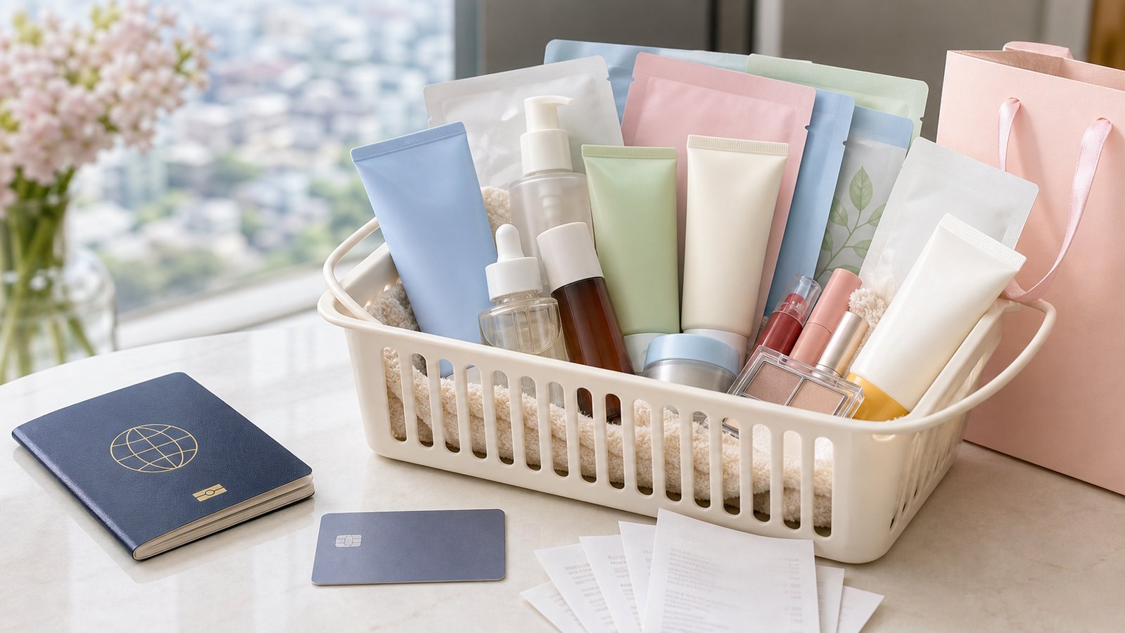 K-beauty shopping basket with skincare products, passport, payment card, and receipts