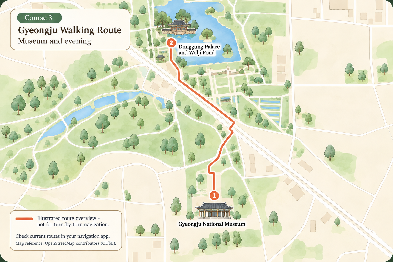 AI-generated illustrated overview of Gyeongju walking course 3; not a navigation map.