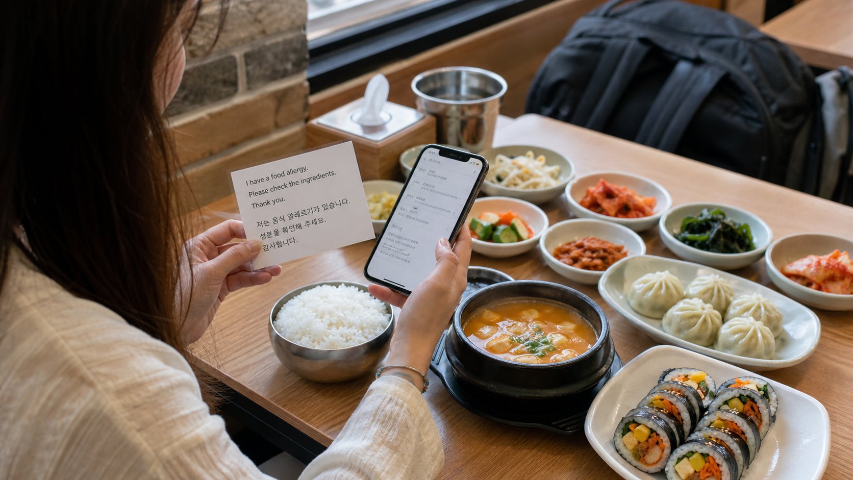 Traveler checking a food allergy card beside a Korean meal table
