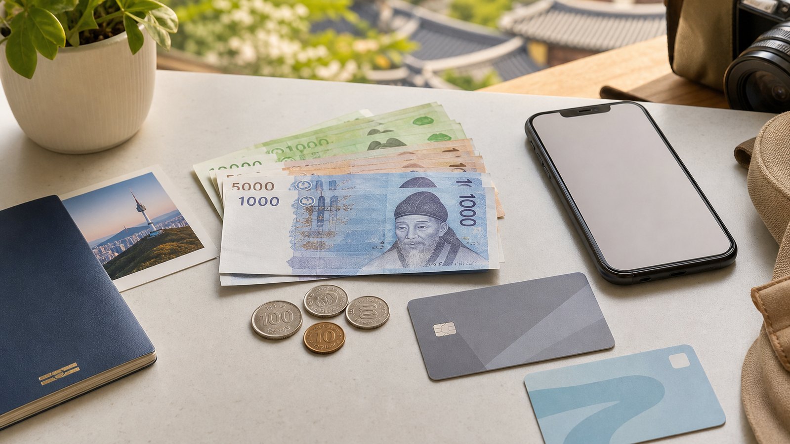 Travel money setup with Korean won cash, a payment card, smartphone, and passport
