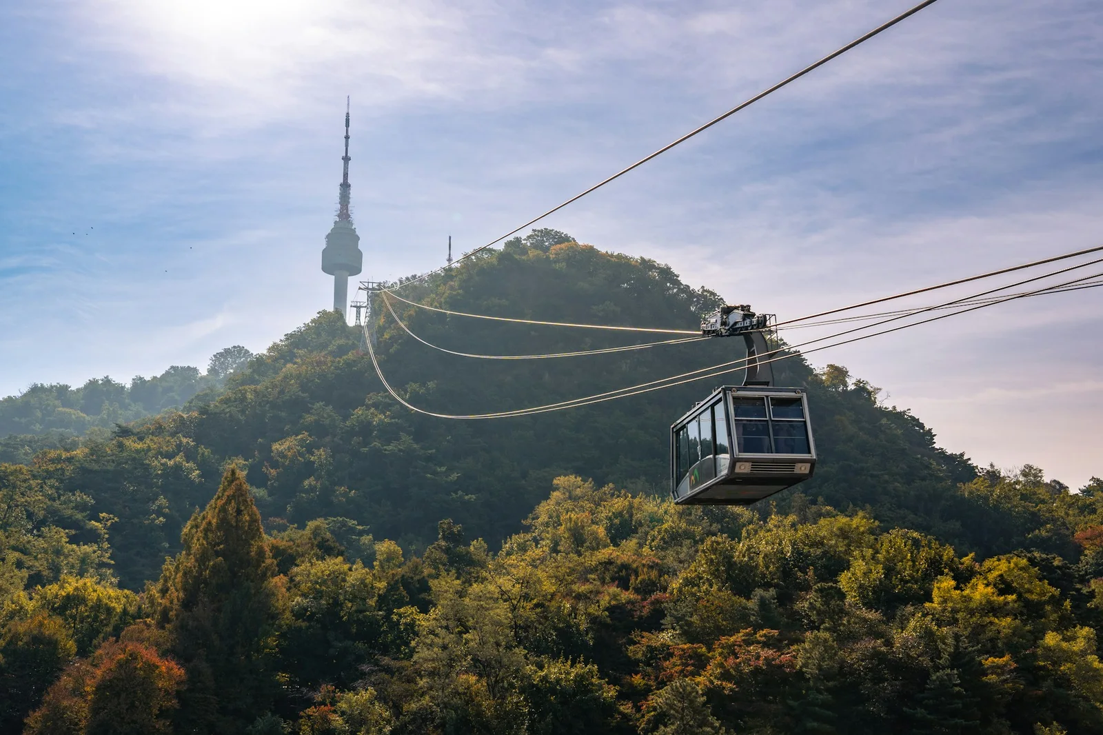 Namsan Cable Car traveling above a wooded hillside toward N Seoul Tower