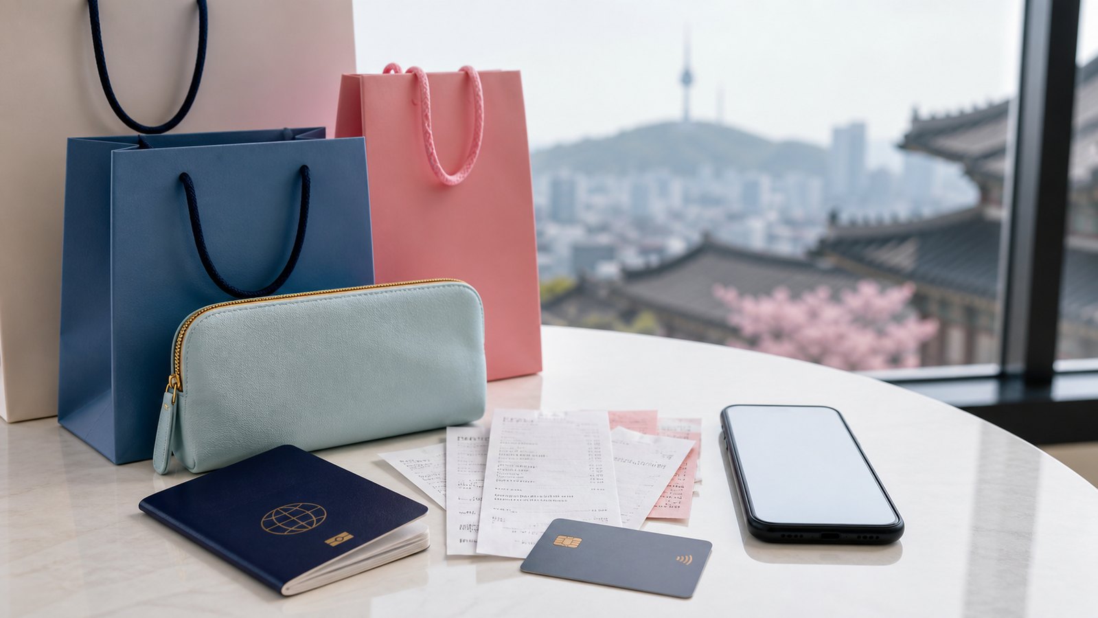 Shopping bags, receipts, passport, credit card, and smartphone arranged for tax refund preparation