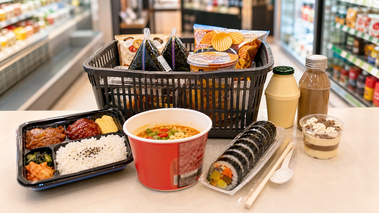 Korean convenience store food basket with kimbap, lunch box, cup noodles, drinks, snacks, and utensils