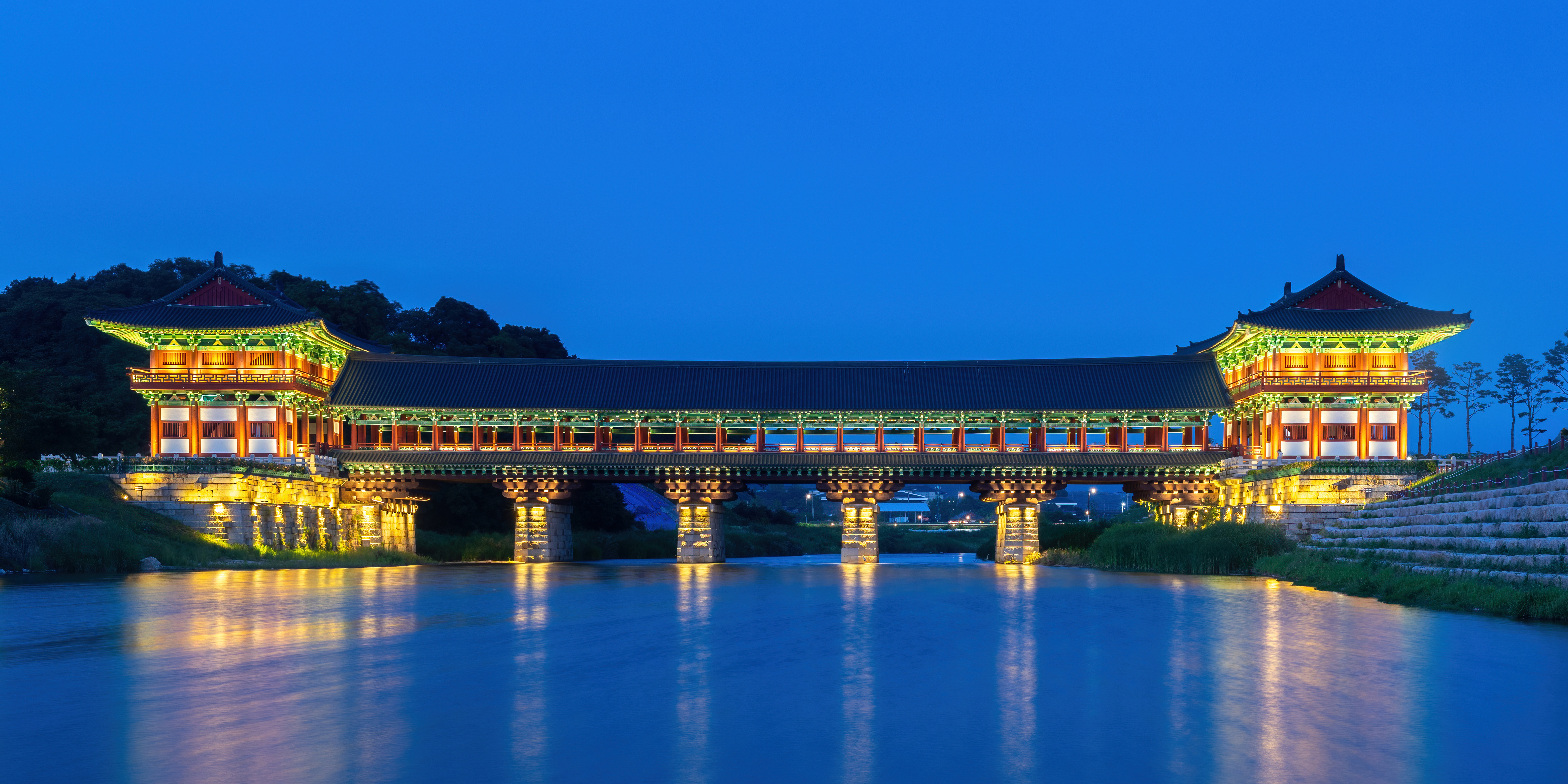 Woljeonggyo Bridge illuminated at blue hour in Gyeongju