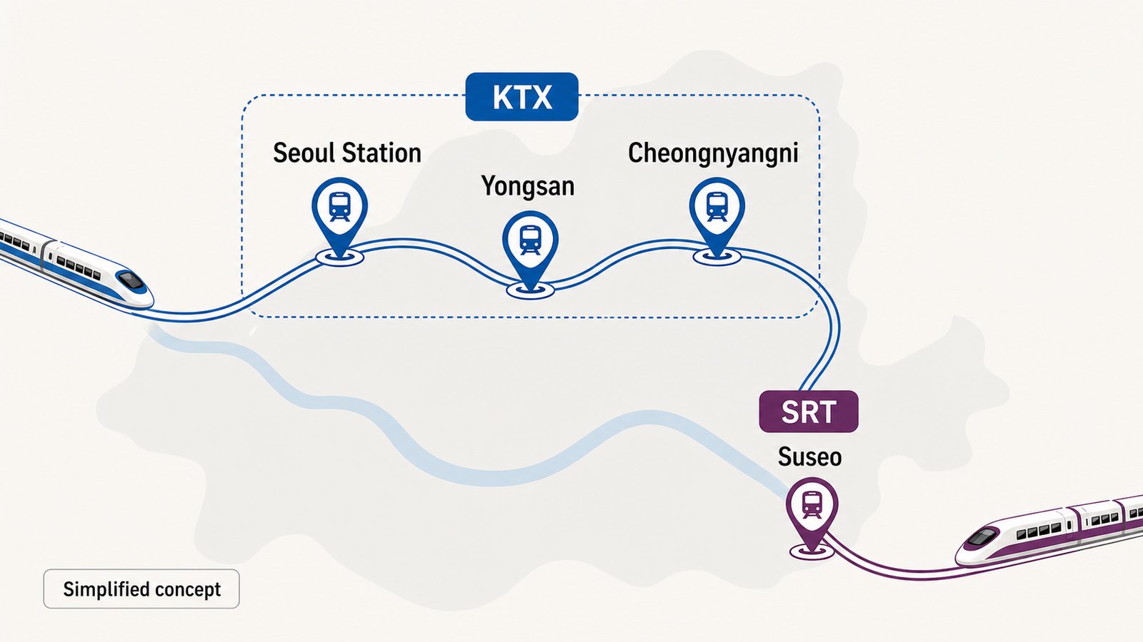 Simplified concept diagram comparing central Seoul KTX stations with Suseo Station for SRT
