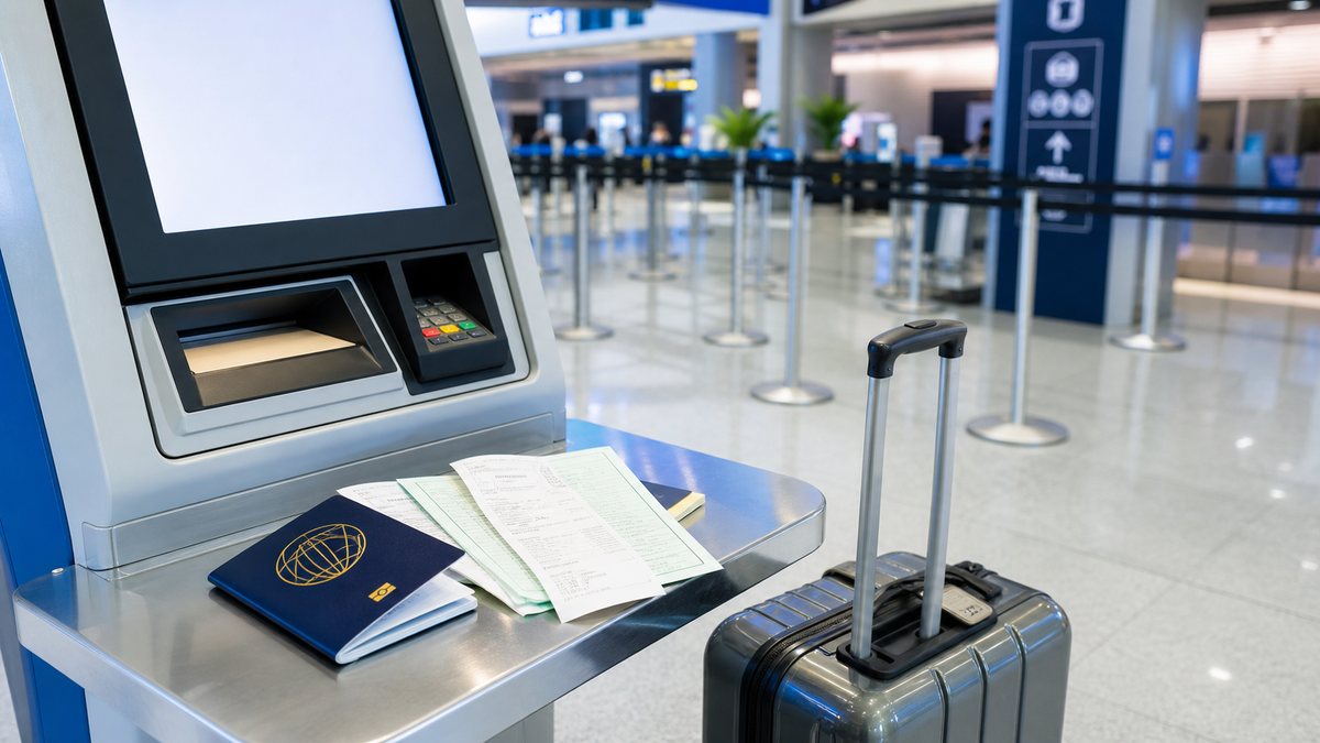 Airport kiosk area with suitcase, passport, and shopping receipts for tax refund procedure
